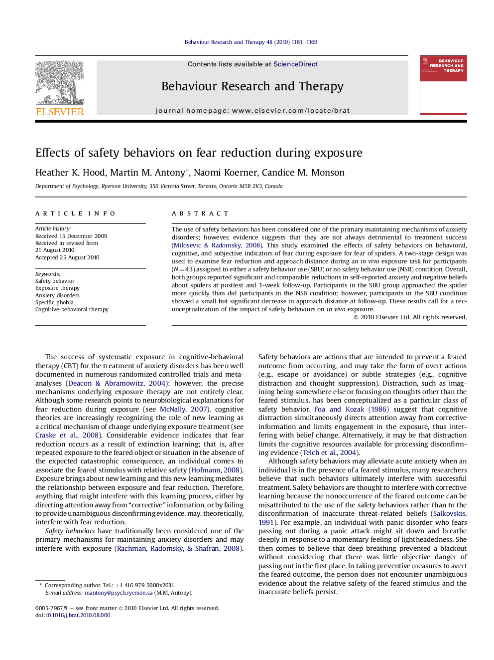 Effects of safety behaviors on fear reduction during exposure