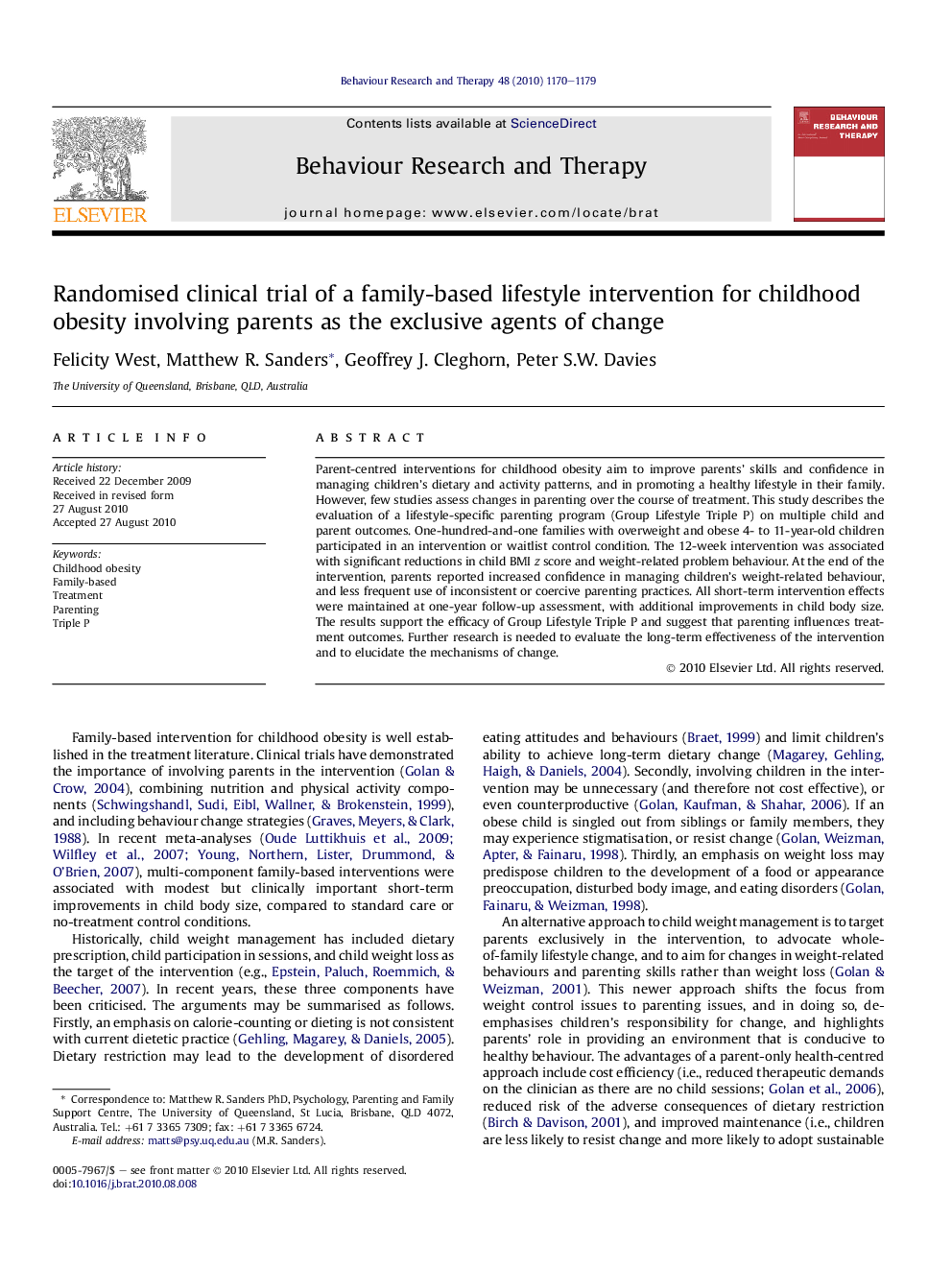 Randomised clinical trial of a family-based lifestyle intervention for childhood obesity involving parents as the exclusive agents of change