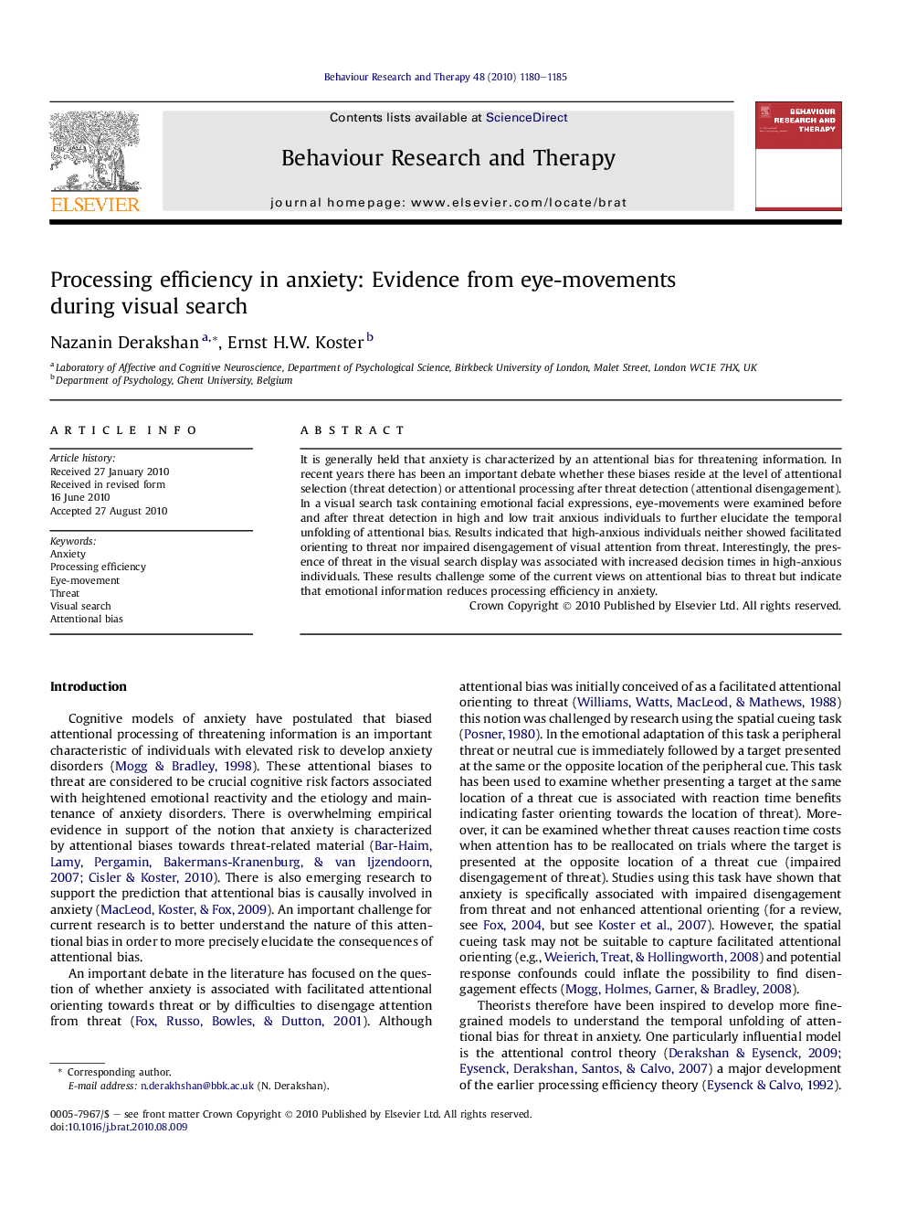 Processing efficiency in anxiety: Evidence from eye-movements during visual search