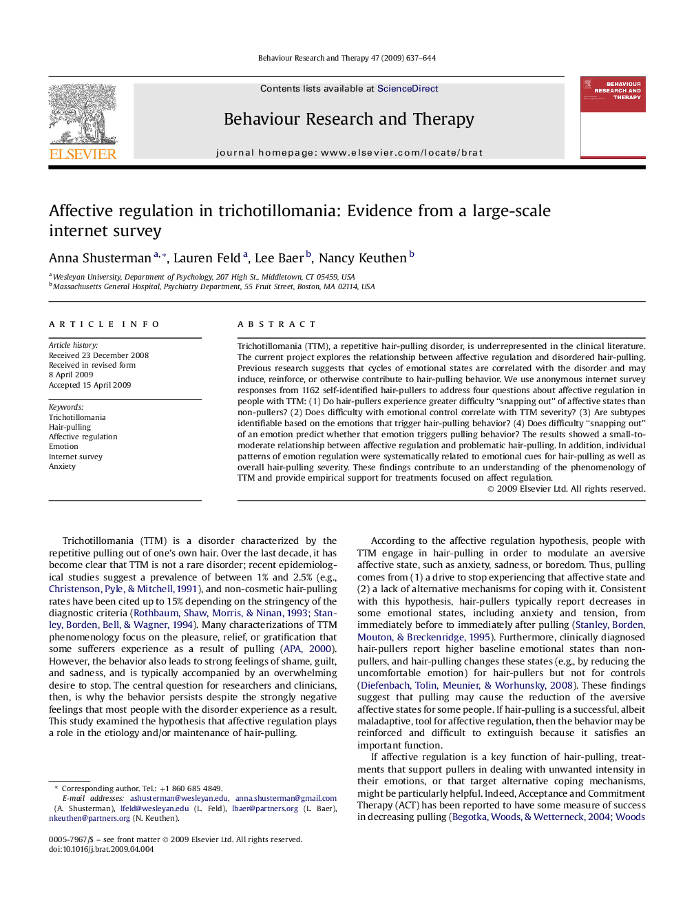 Affective regulation in trichotillomania: Evidence from a large-scale internet survey