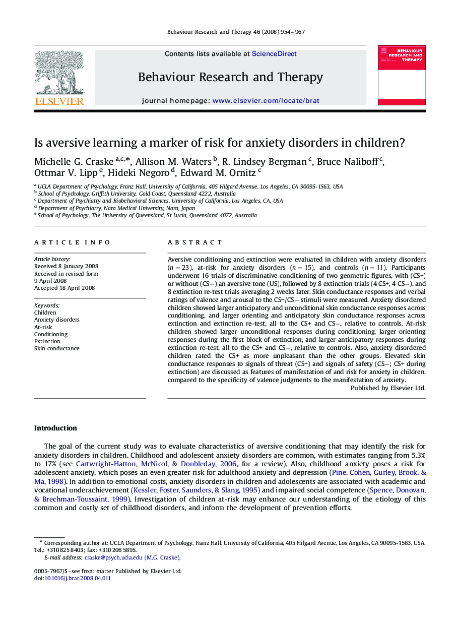 Is aversive learning a marker of risk for anxiety disorders in children?