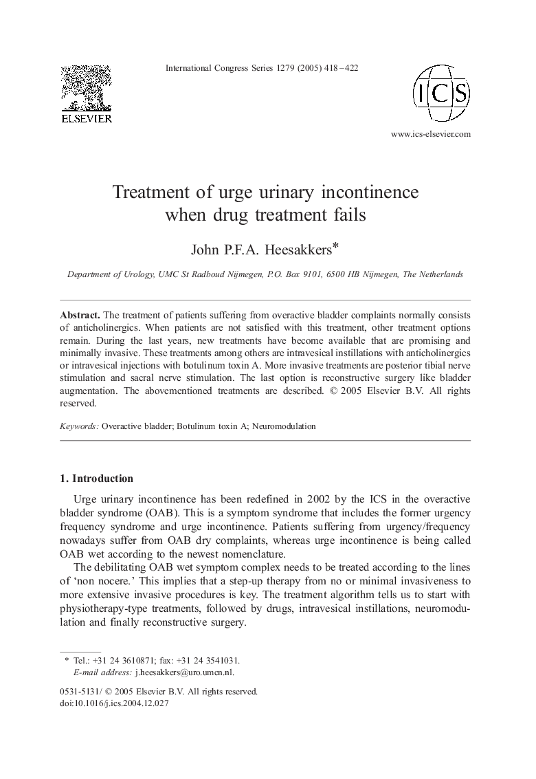 Treatment of urge urinary incontinence when drug treatment fails