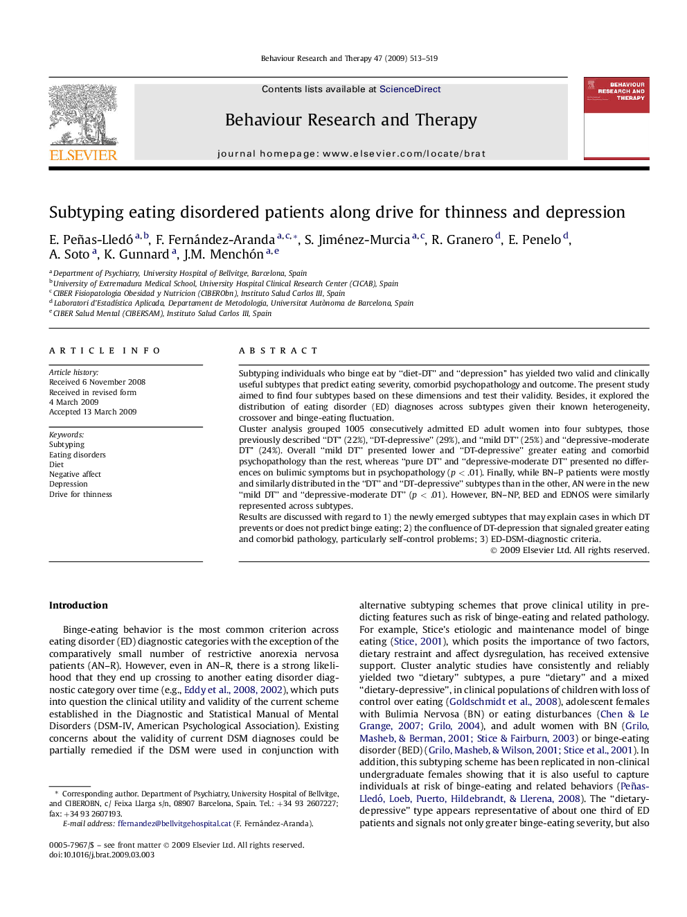 Subtyping eating disordered patients along drive for thinness and depression