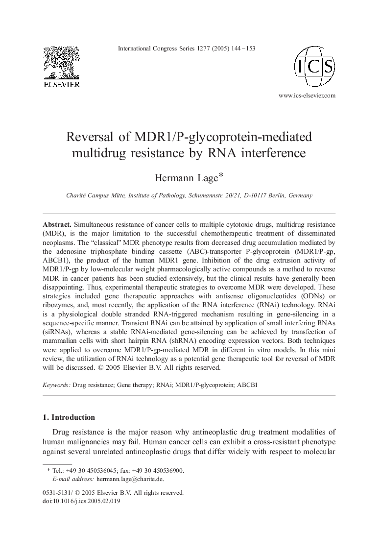 Reversal of MDR1/P-glycoprotein-mediated multidrug resistance by RNA interference