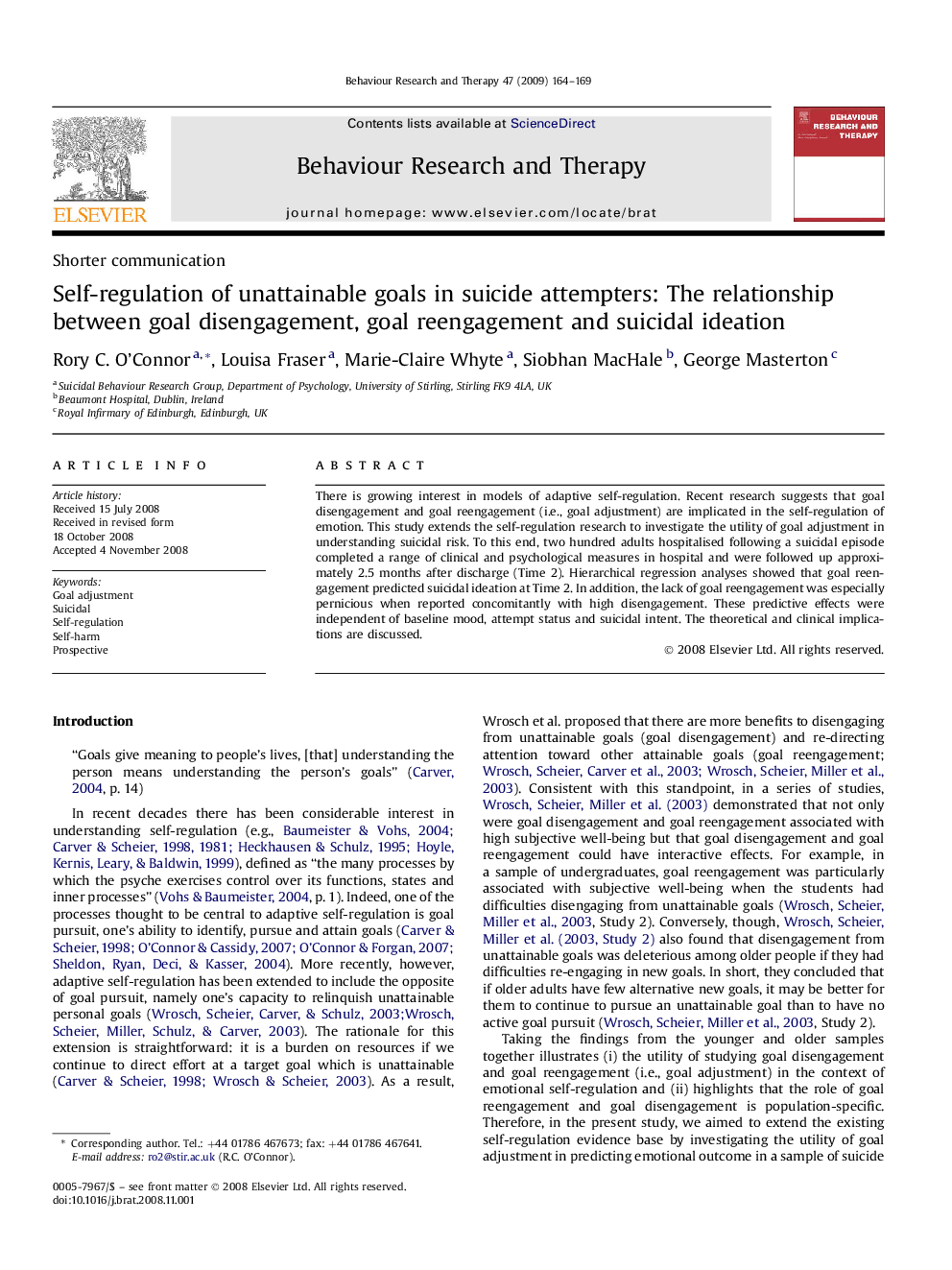 Self-regulation of unattainable goals in suicide attempters: The relationship between goal disengagement, goal reengagement and suicidal ideation