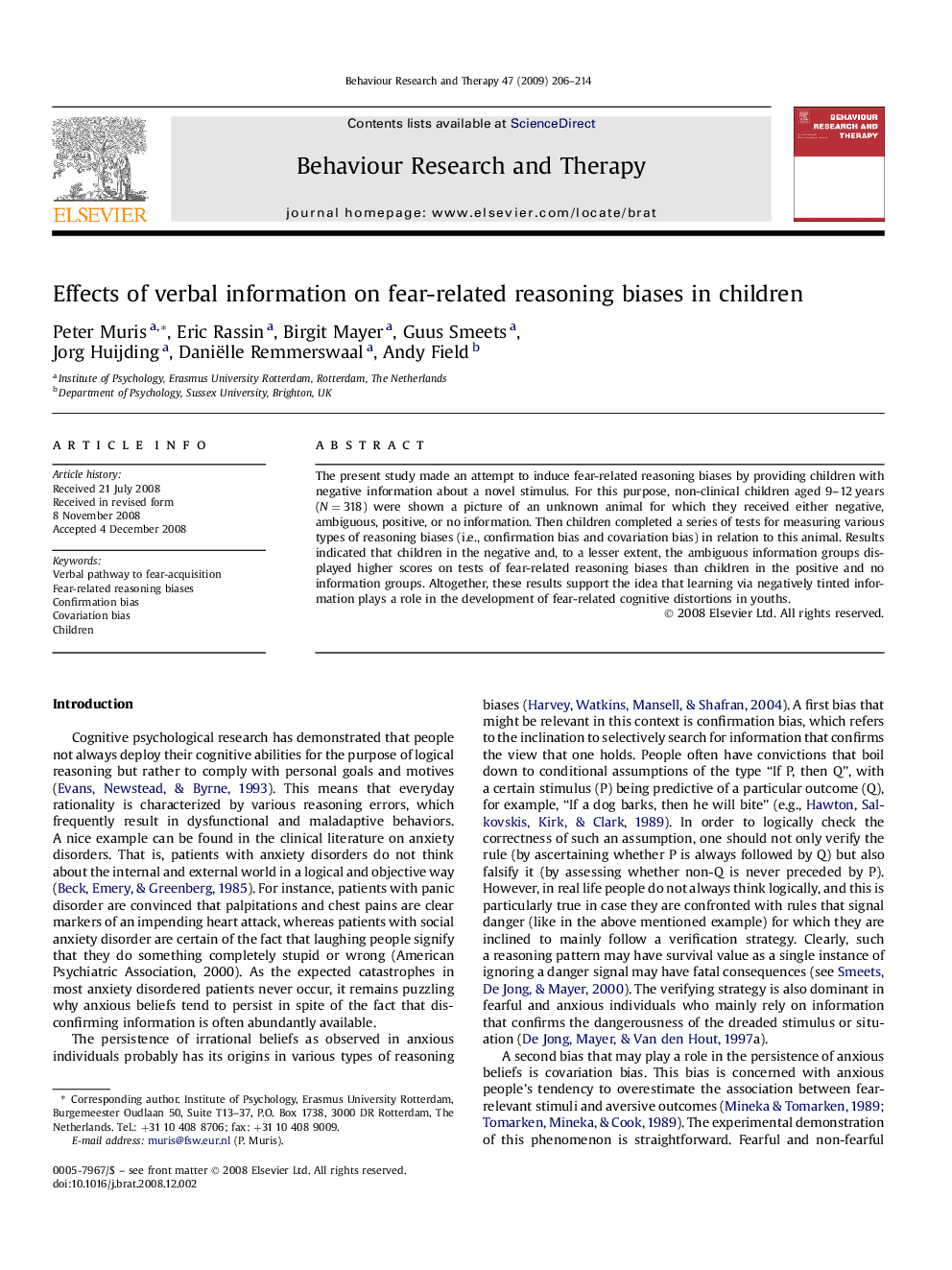 Effects of verbal information on fear-related reasoning biases in children