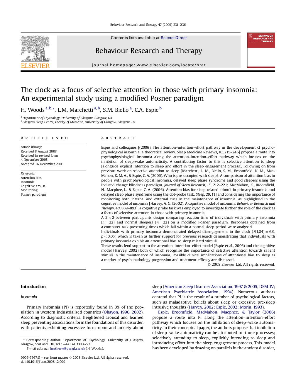 The clock as a focus of selective attention in those with primary insomnia: An experimental study using a modified Posner paradigm