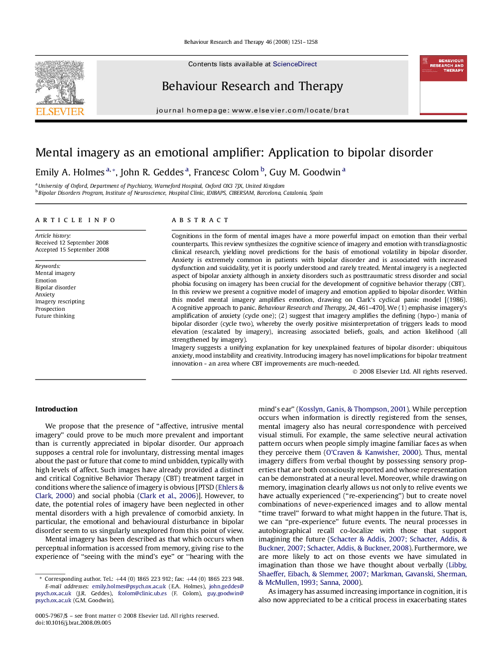 Mental imagery as an emotional amplifier: Application to bipolar disorder