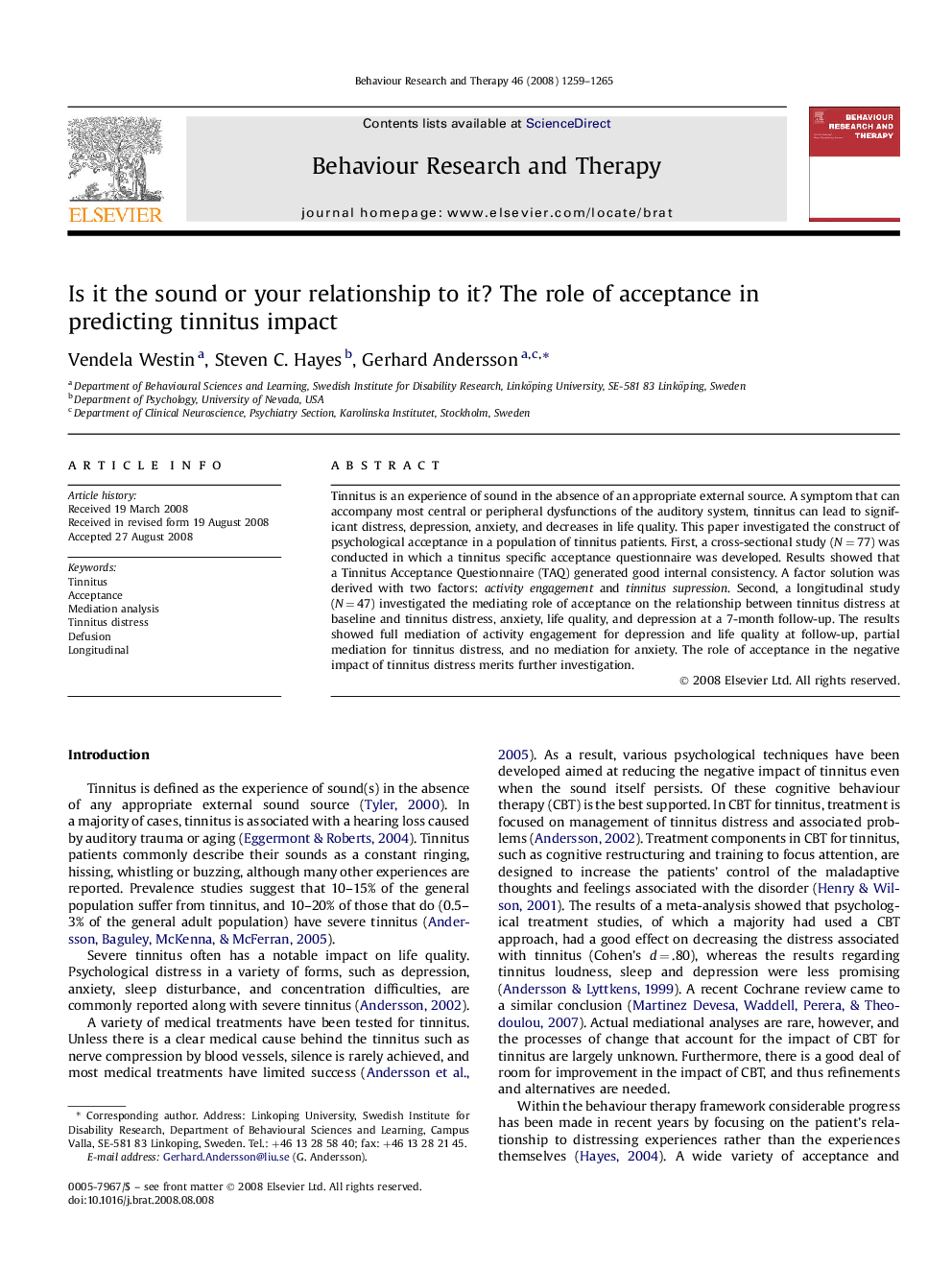 Is it the sound or your relationship to it? The role of acceptance in predicting tinnitus impact