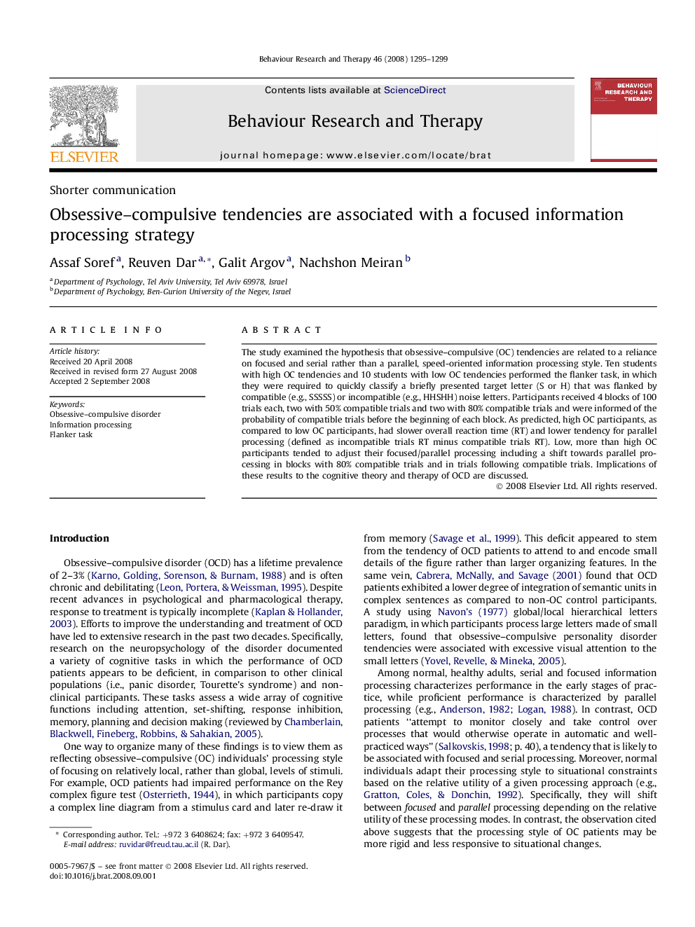 Obsessive–compulsive tendencies are associated with a focused information processing strategy