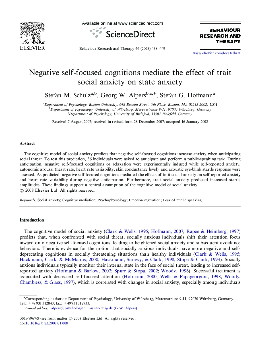 Negative self-focused cognitions mediate the effect of trait social anxiety on state anxiety