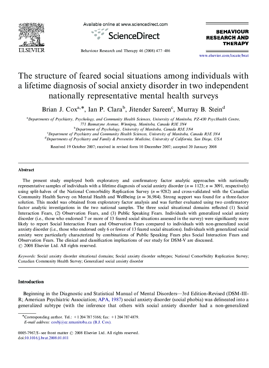 The structure of feared social situations among individuals with a lifetime diagnosis of social anxiety disorder in two independent nationally representative mental health surveys