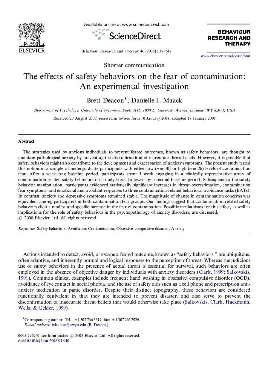 The effects of safety behaviors on the fear of contamination: An experimental investigation