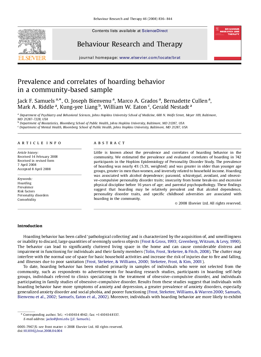 Prevalence and correlates of hoarding behavior in a community-based sample