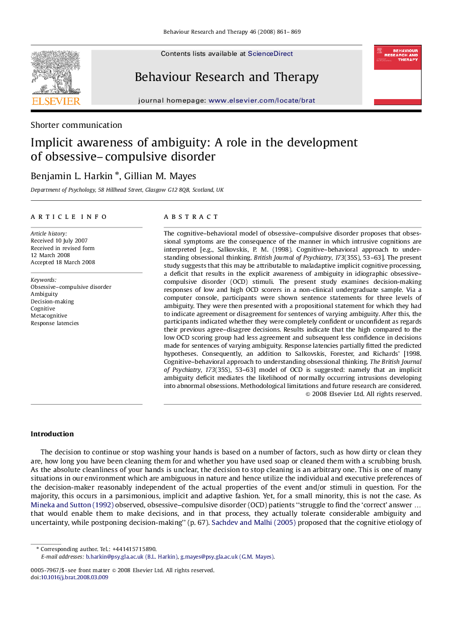 Implicit awareness of ambiguity: A role in the development of obsessive–compulsive disorder