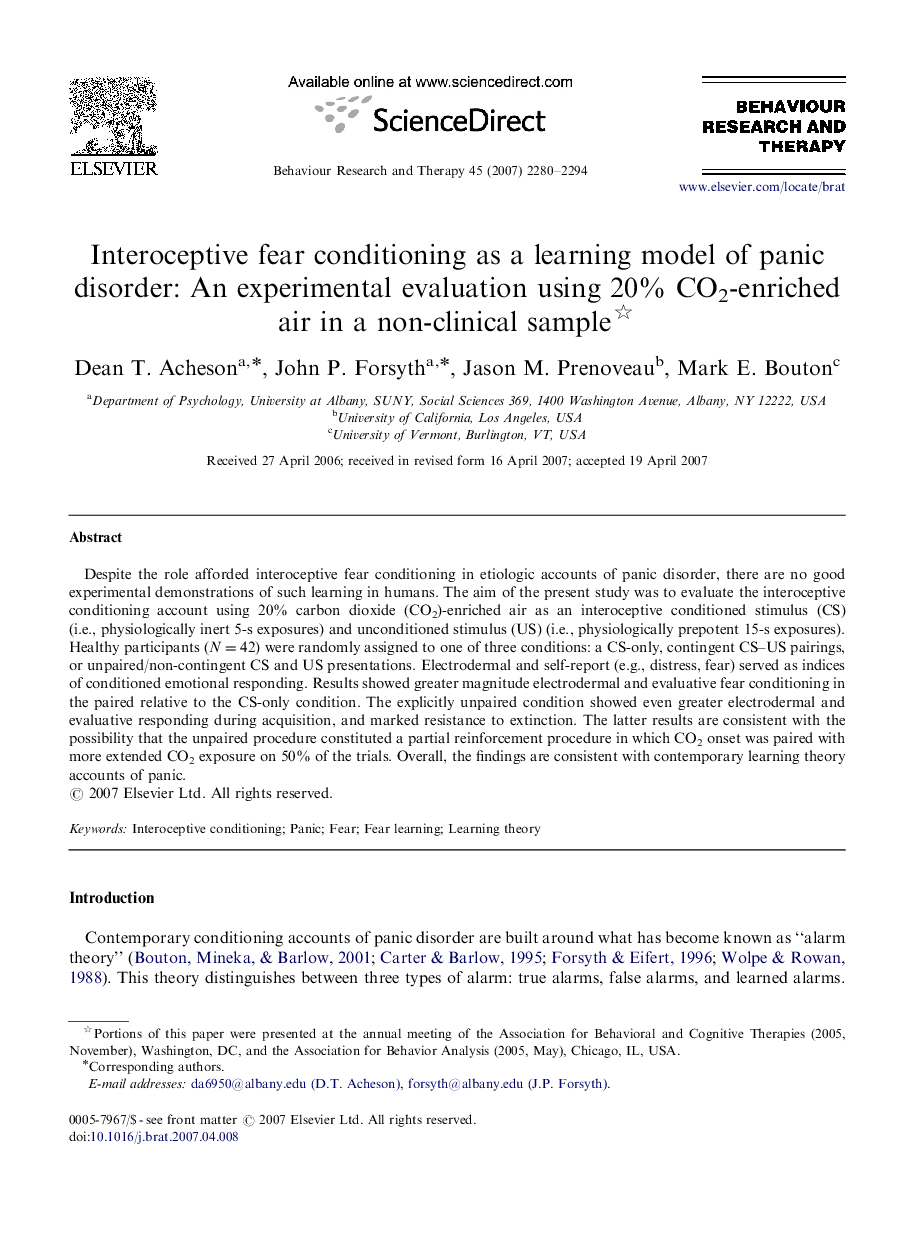 Interoceptive fear conditioning as a learning model of panic disorder: An experimental evaluation using 20% CO2-enriched air in a non-clinical sample 