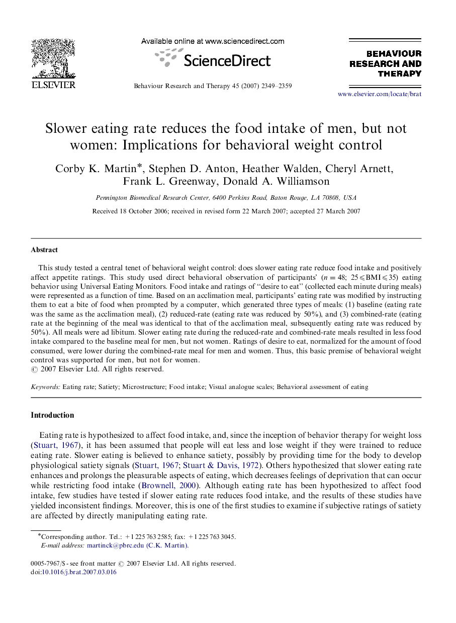Slower eating rate reduces the food intake of men, but not women: Implications for behavioral weight control