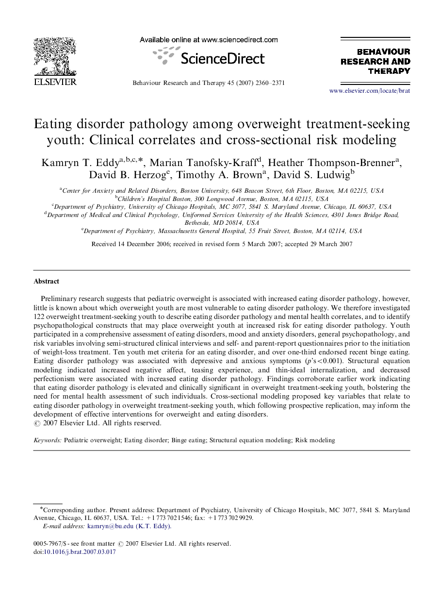 Eating disorder pathology among overweight treatment-seeking youth: Clinical correlates and cross-sectional risk modeling