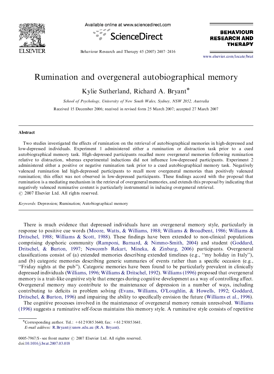 Rumination and overgeneral autobiographical memory