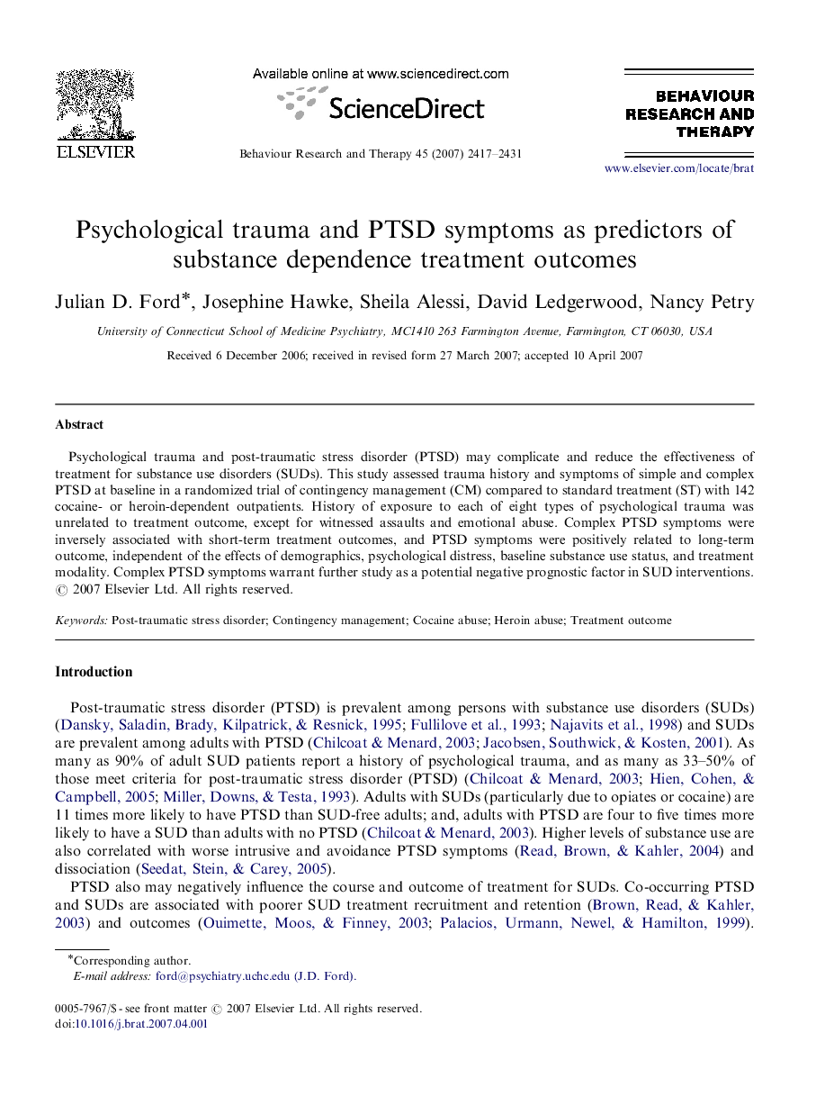 Psychological trauma and PTSD symptoms as predictors of substance dependence treatment outcomes