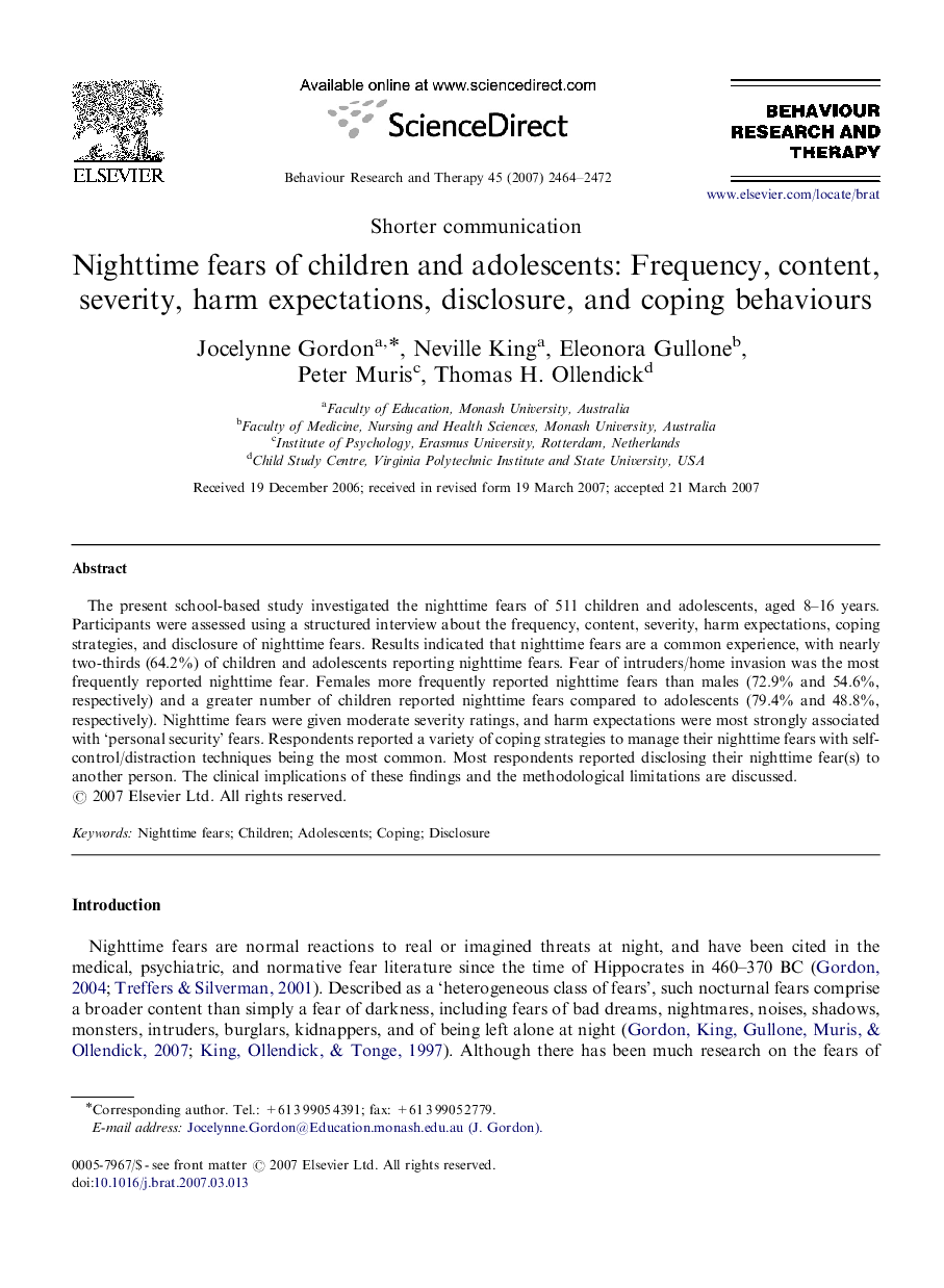 Nighttime fears of children and adolescents: Frequency, content, severity, harm expectations, disclosure, and coping behaviours