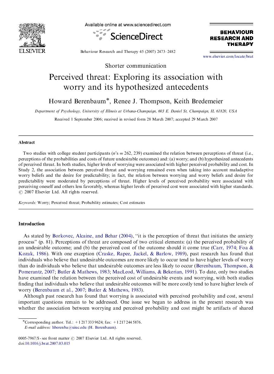 Perceived threat: Exploring its association with worry and its hypothesized antecedents