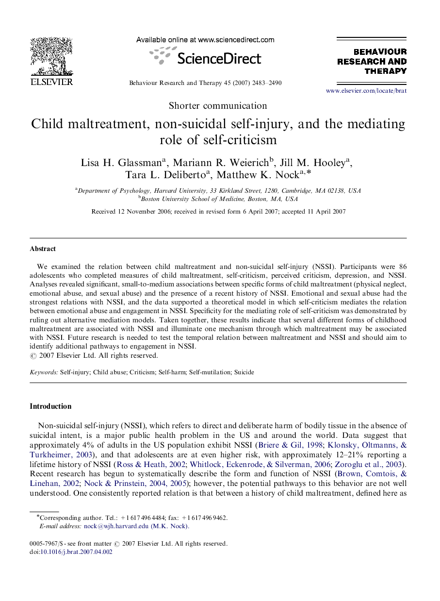 Child maltreatment, non-suicidal self-injury, and the mediating role of self-criticism