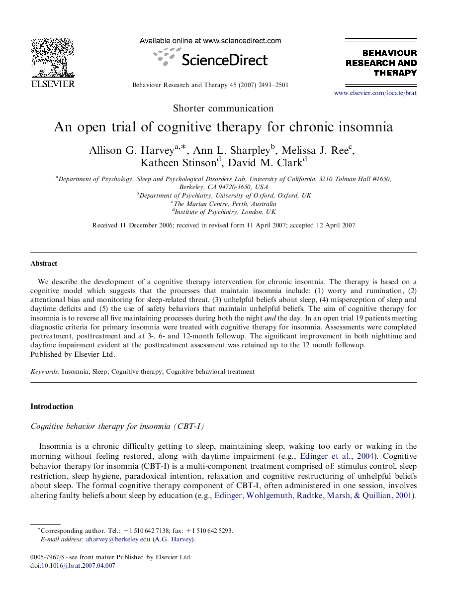 An open trial of cognitive therapy for chronic insomnia