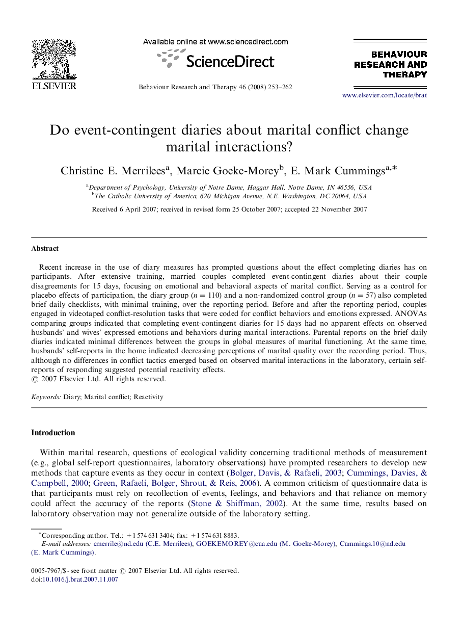 Do event-contingent diaries about marital conflict change marital interactions?