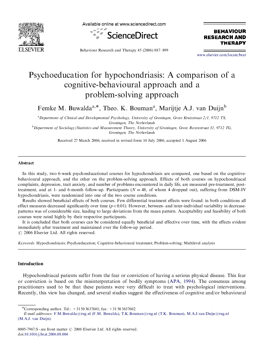 Psychoeducation for hypochondriasis: A comparison of a cognitive-behavioural approach and a problem-solving approach