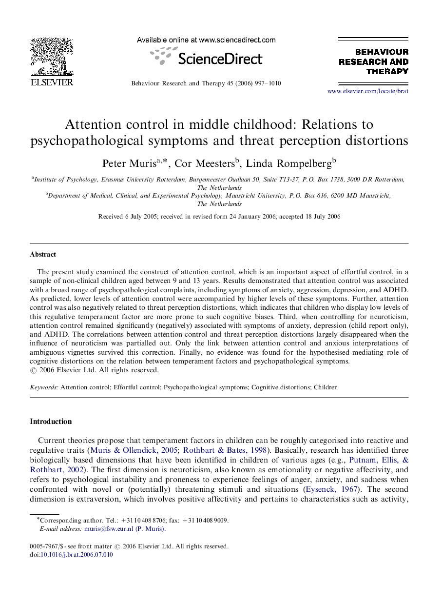 Attention control in middle childhood: Relations to psychopathological symptoms and threat perception distortions