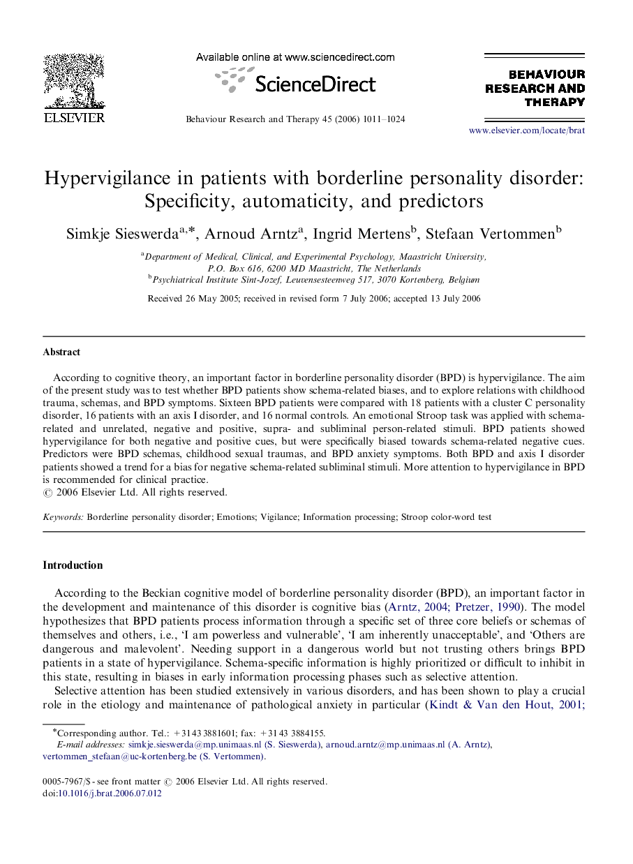 Hypervigilance in patients with borderline personality disorder: Specificity, automaticity, and predictors