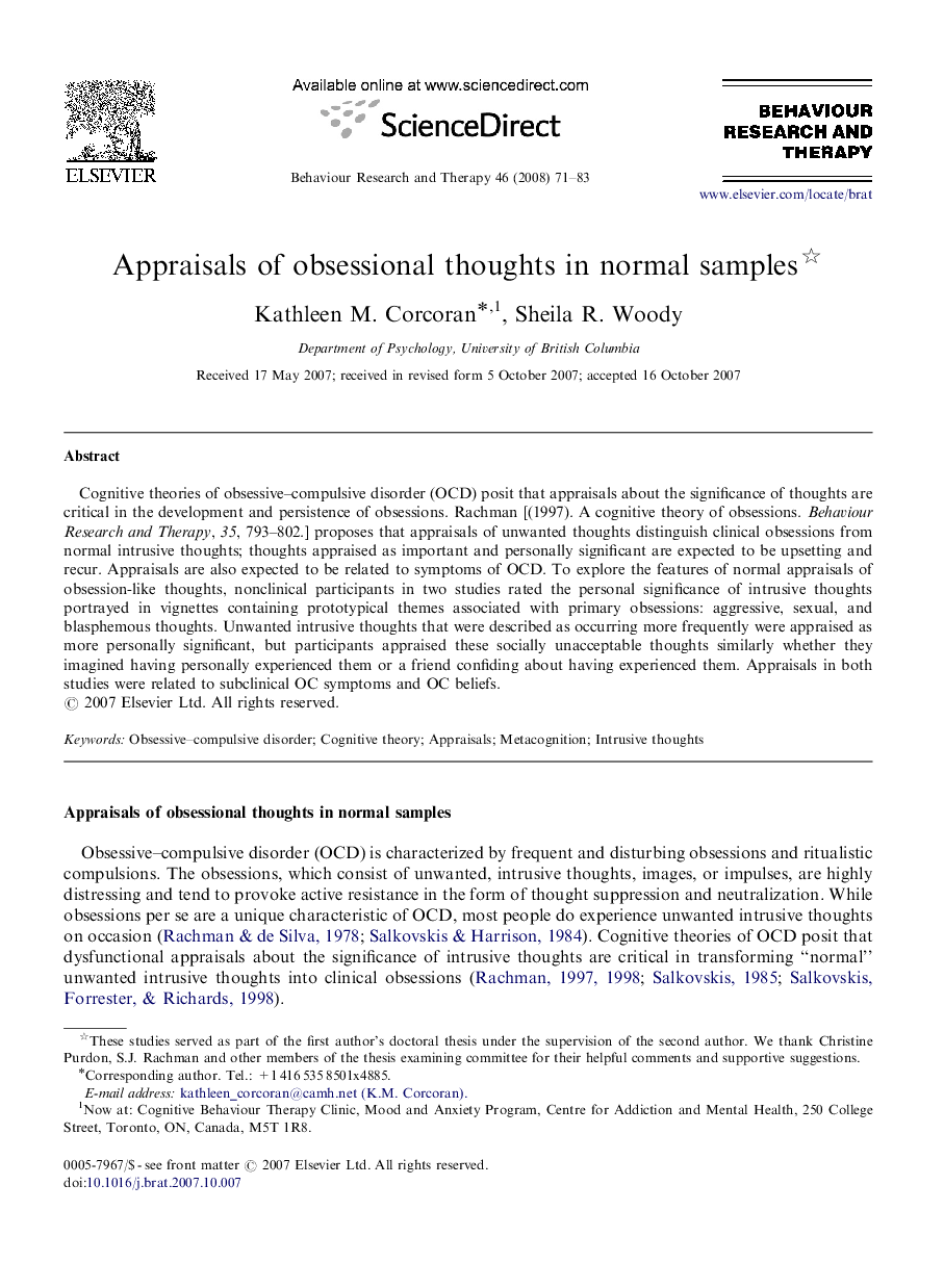 Appraisals of obsessional thoughts in normal samples 