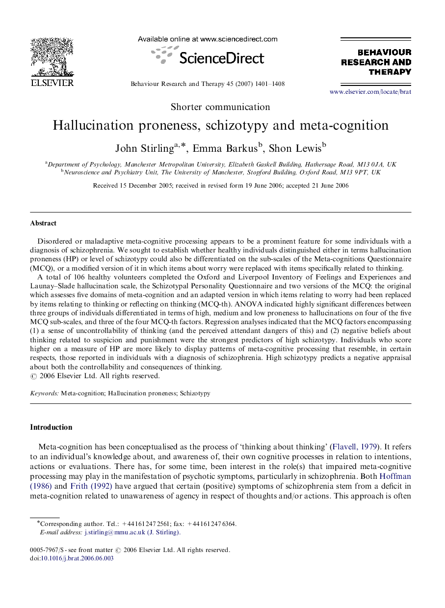 Hallucination proneness, schizotypy and meta-cognition