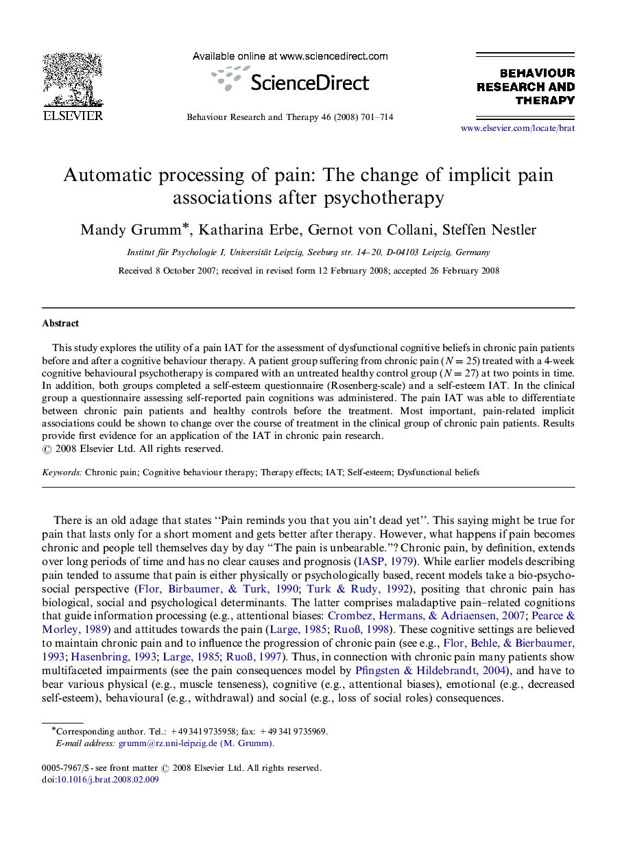 Automatic processing of pain: The change of implicit pain associations after psychotherapy