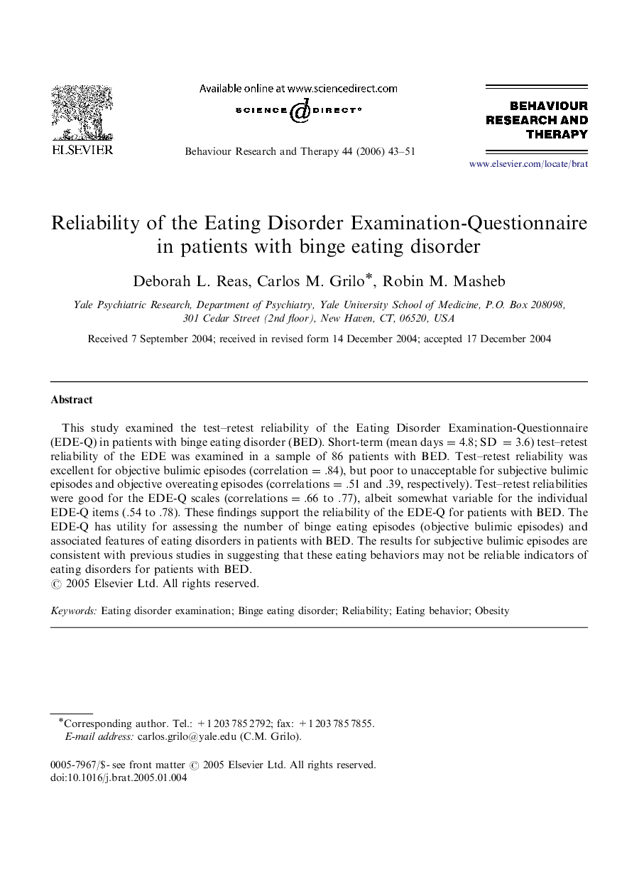 Reliability of the Eating Disorder Examination-Questionnaire in patients with binge eating disorder