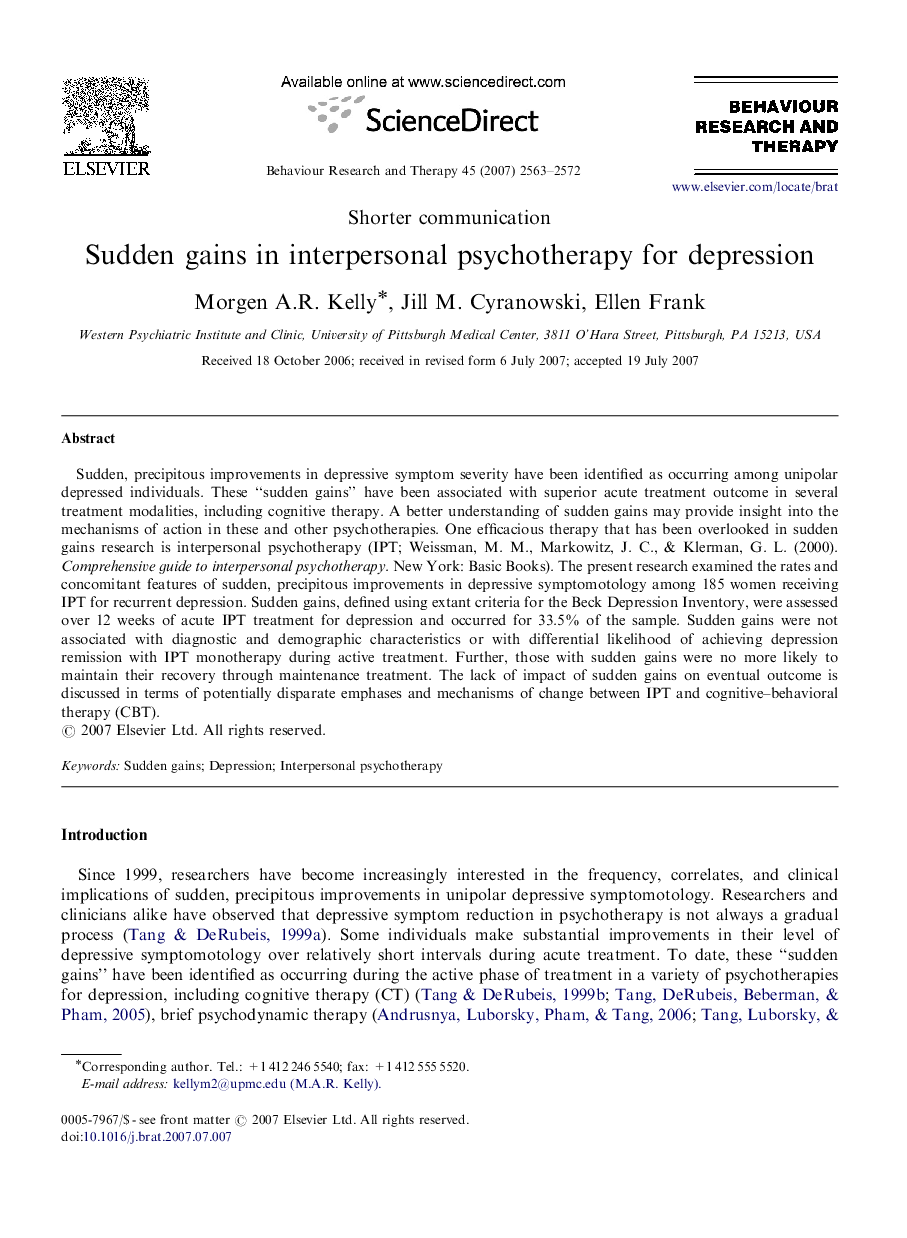 Sudden gains in interpersonal psychotherapy for depression