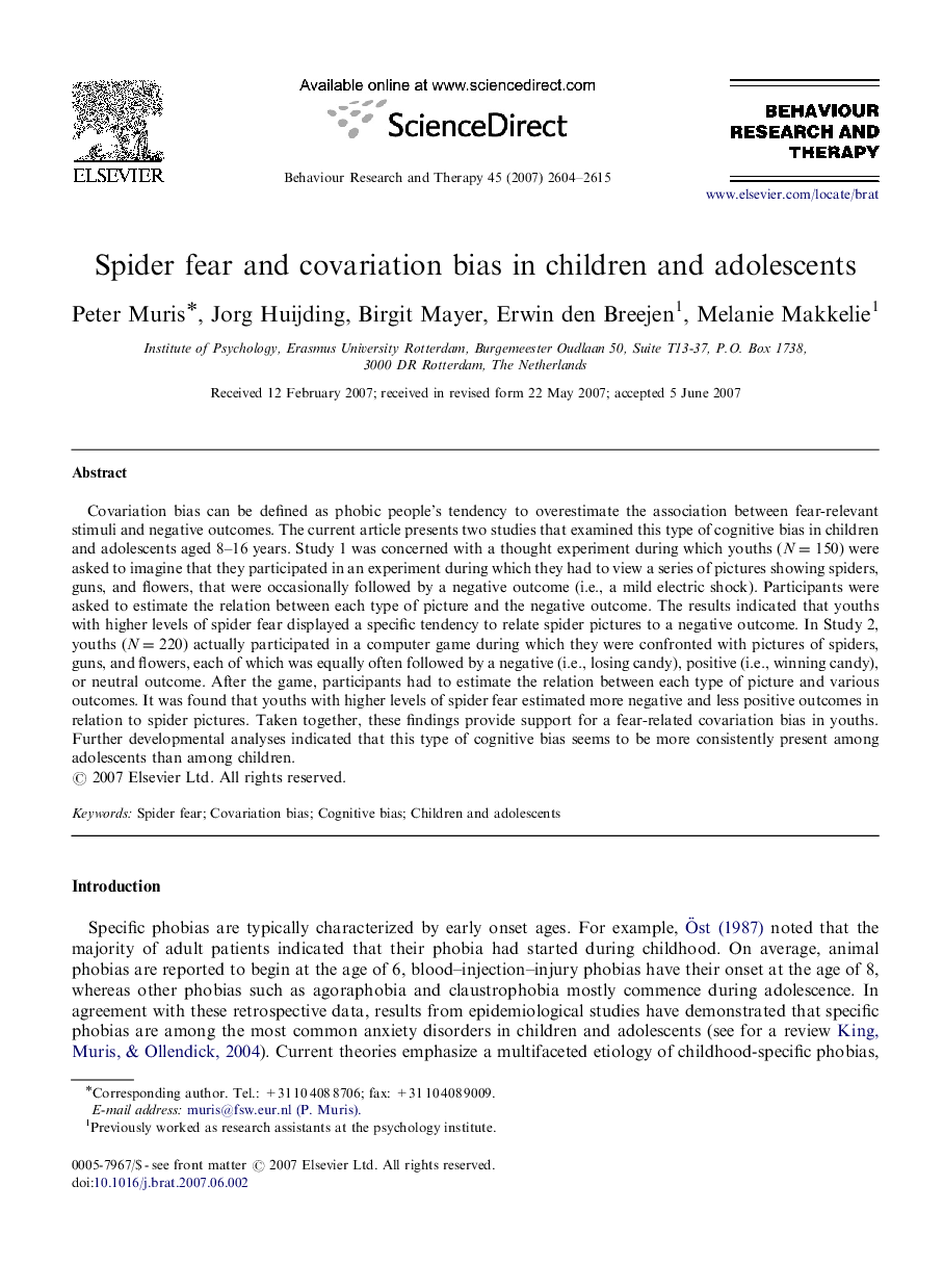 Spider fear and covariation bias in children and adolescents