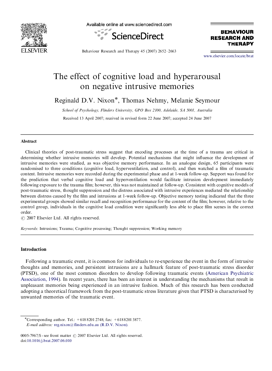 عکس صفحه اول مقاله: The effect of cognitive load and hyperarousal on negative intrusive memories The effect of cognitive load and hyperarousal on negative intrusive memories