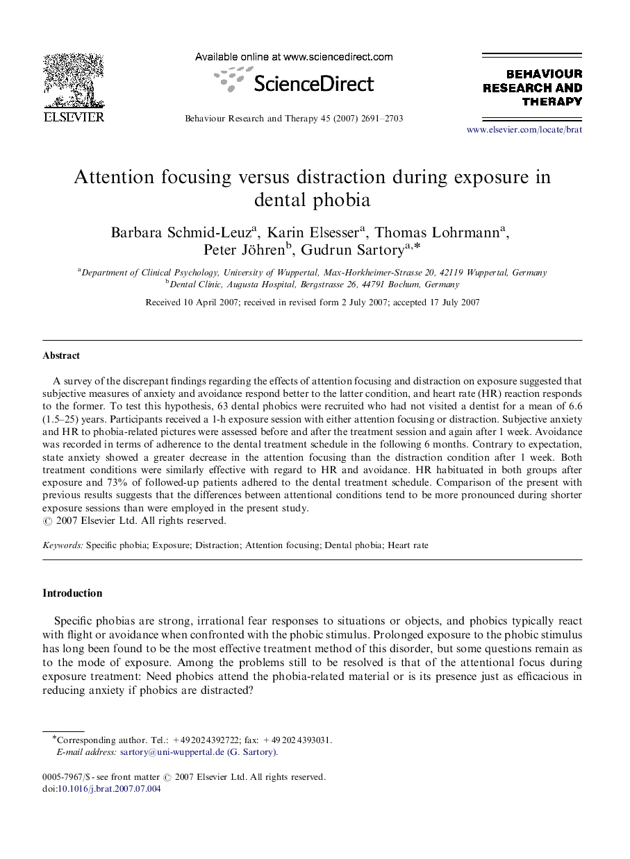 Attention focusing versus distraction during exposure in dental phobia