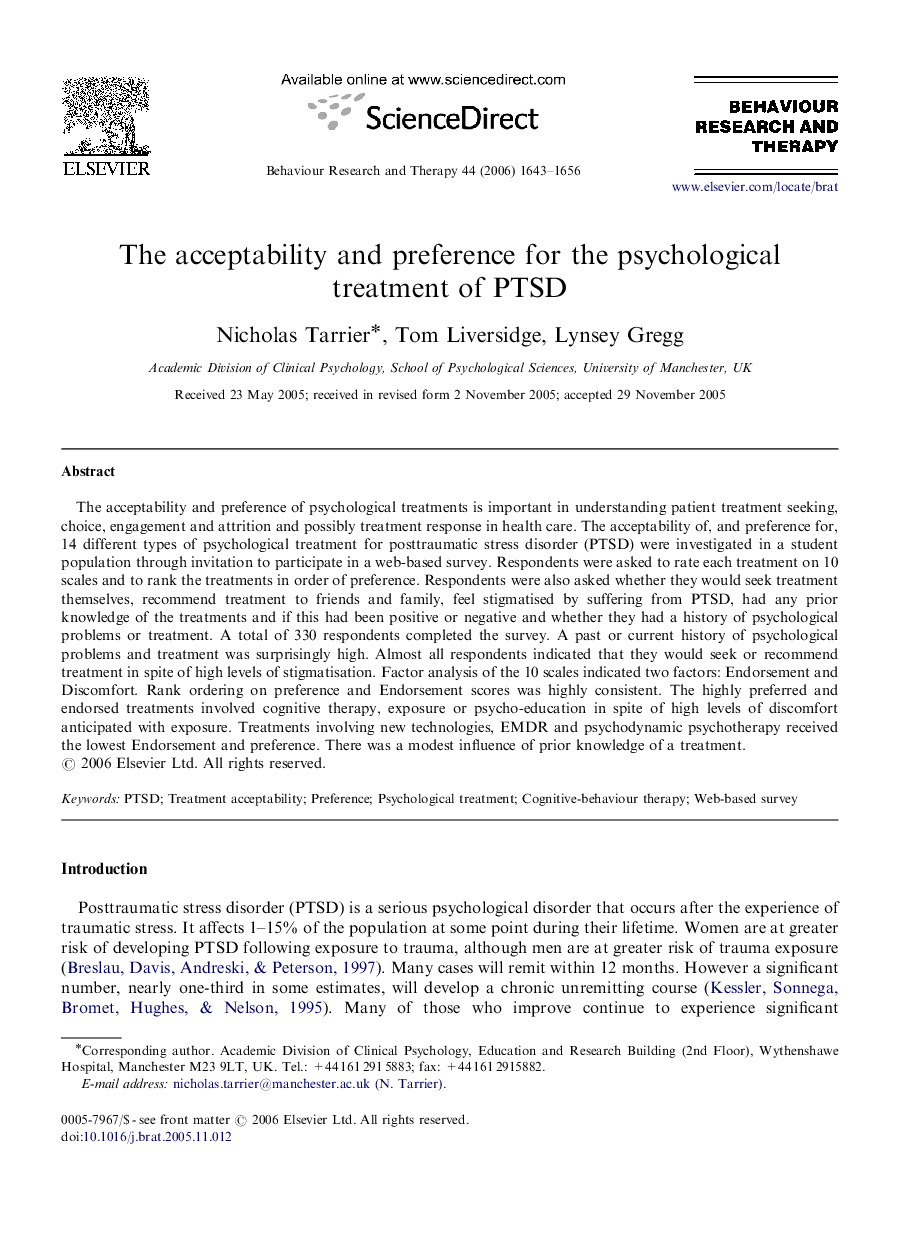 The acceptability and preference for the psychological treatment of PTSD