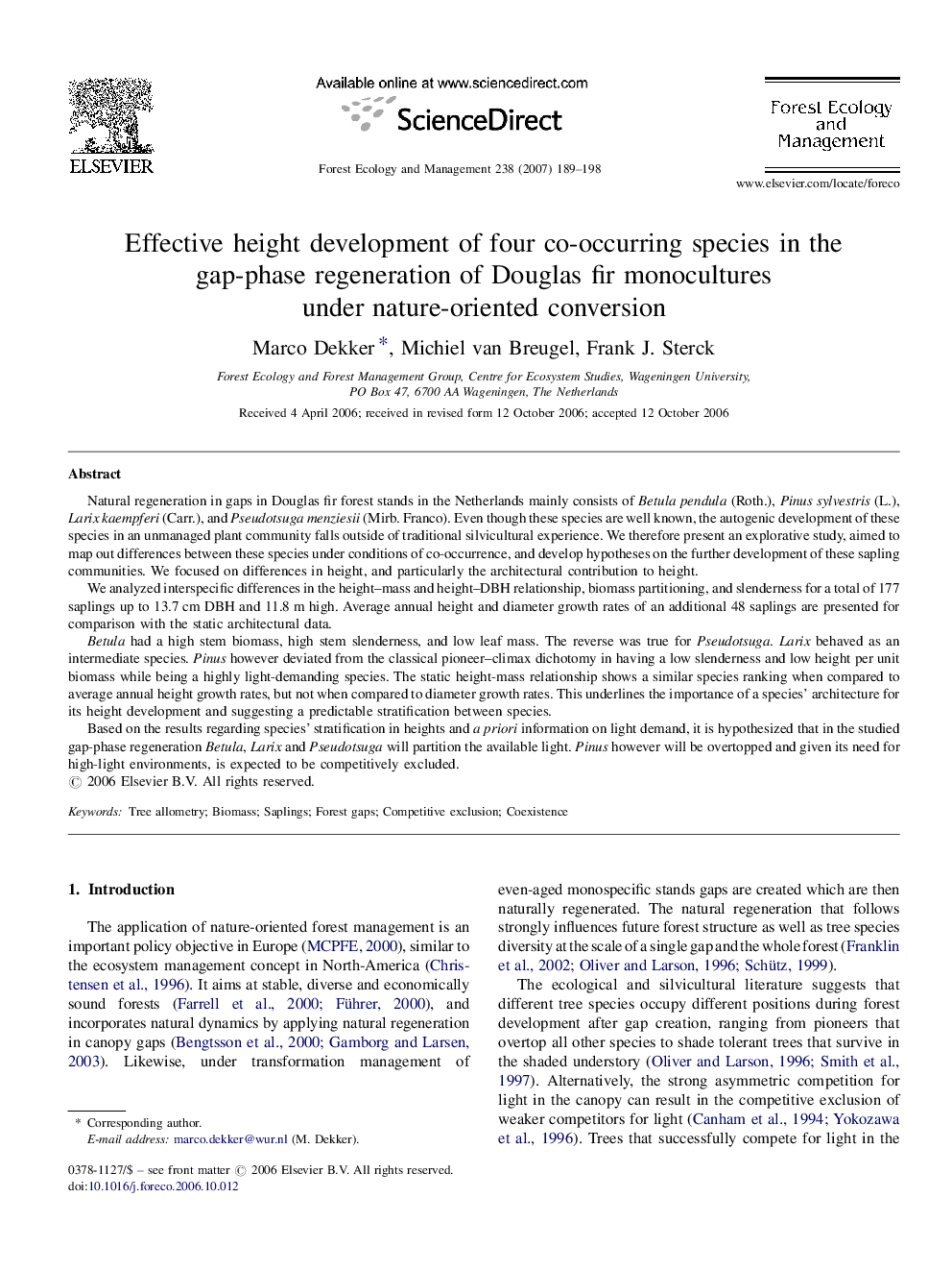 Effective height development of four co-occurring species in the gap-phase regeneration of Douglas fir monocultures under nature-oriented conversion