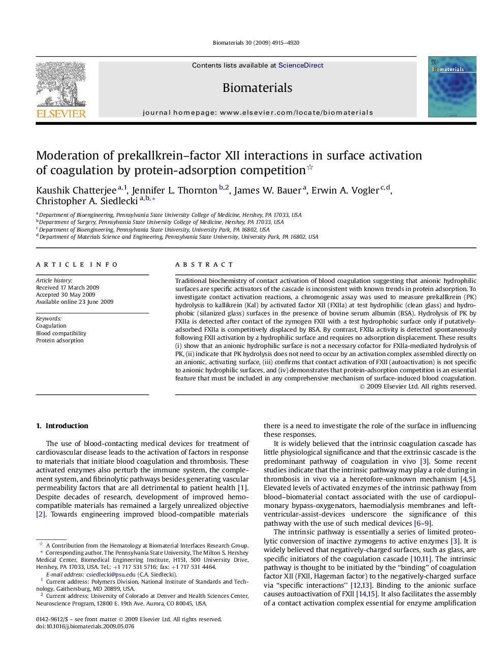 Moderation of prekallkrein–factor XII interactions in surface activation of coagulation by protein-adsorption competition 