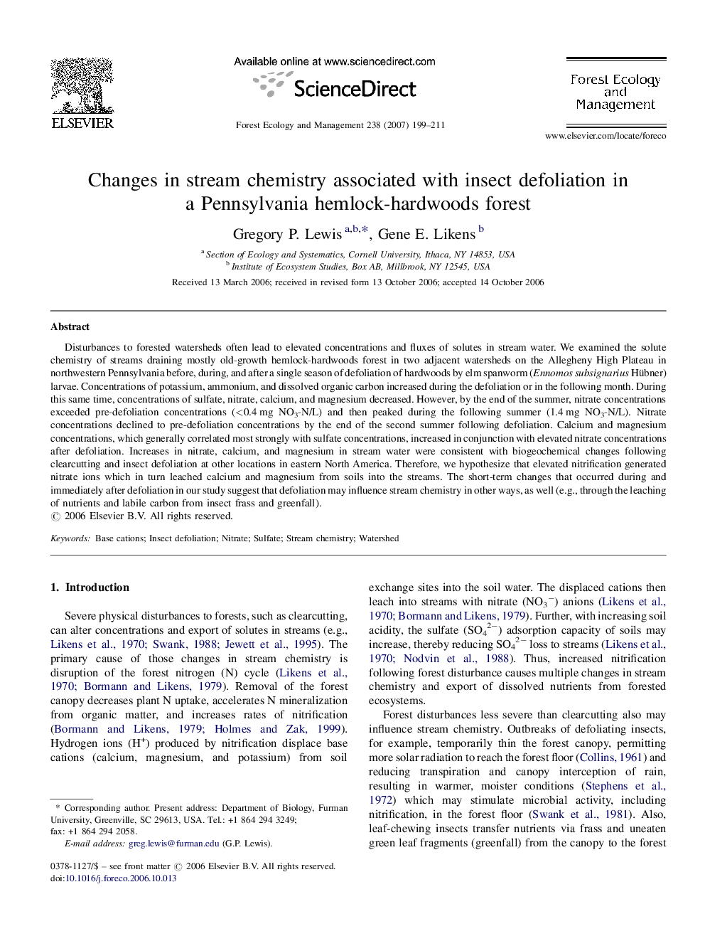 Changes in stream chemistry associated with insect defoliation in a Pennsylvania hemlock-hardwoods forest