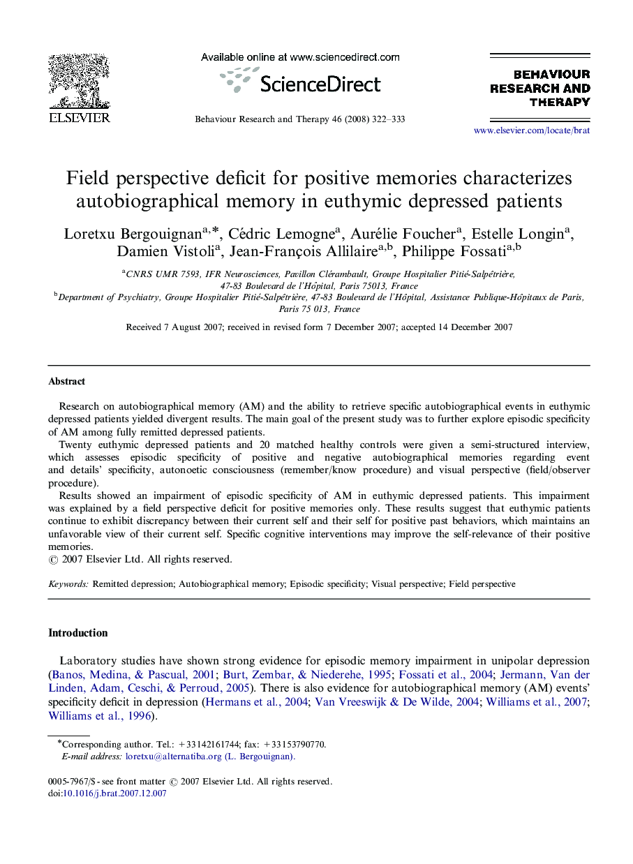 Field perspective deficit for positive memories characterizes autobiographical memory in euthymic depressed patients