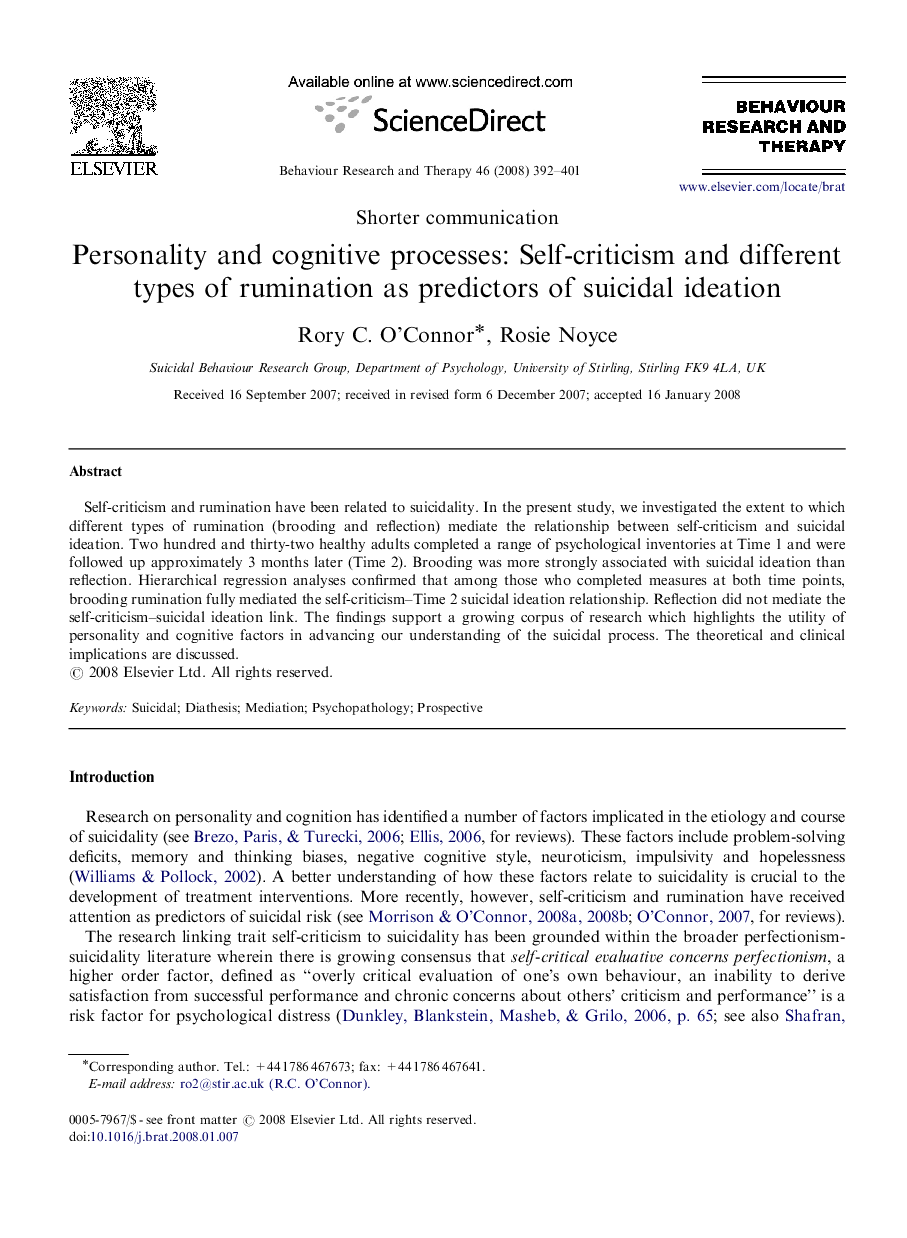 Personality and cognitive processes: Self-criticism and different types of rumination as predictors of suicidal ideation