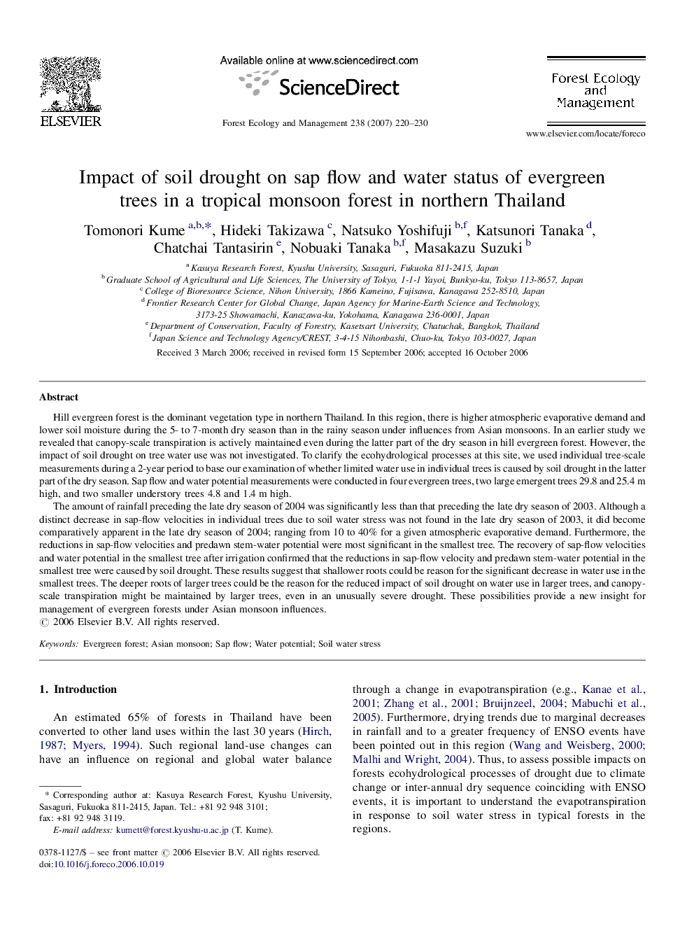 Impact of soil drought on sap flow and water status of evergreen trees in a tropical monsoon forest in northern Thailand