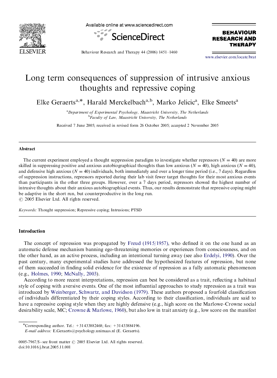 Long term consequences of suppression of intrusive anxious thoughts and repressive coping