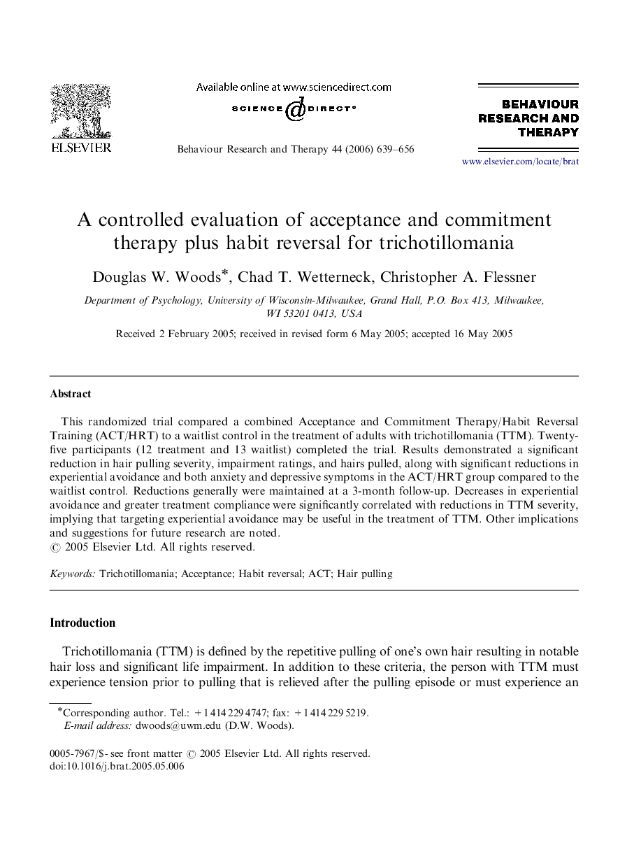 A controlled evaluation of acceptance and commitment therapy plus habit reversal for trichotillomania