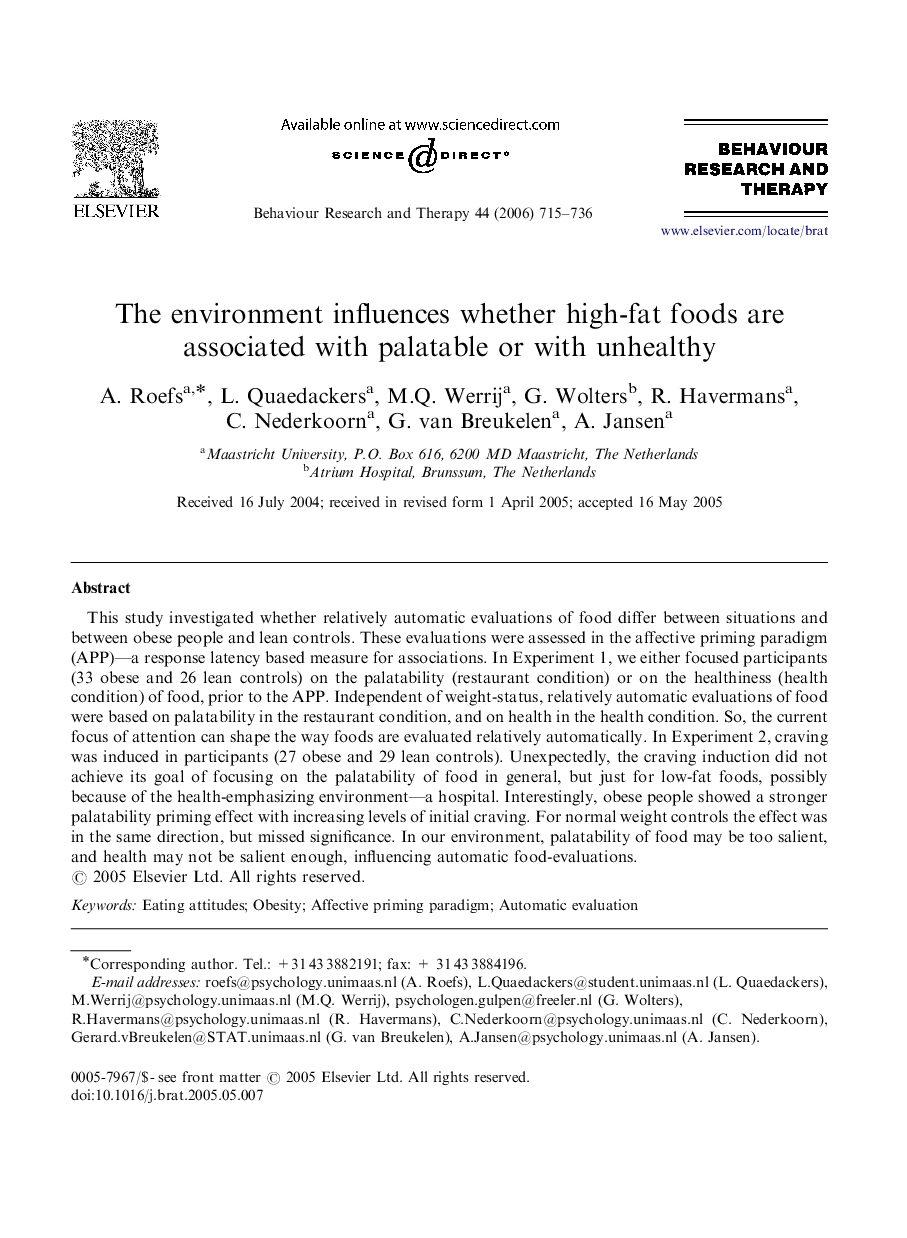 The environment influences whether high-fat foods are associated with palatable or with unhealthy